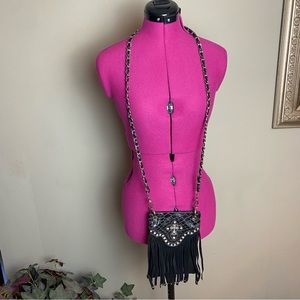 Black Fringe Rhinestone Cross Crossbody Bag